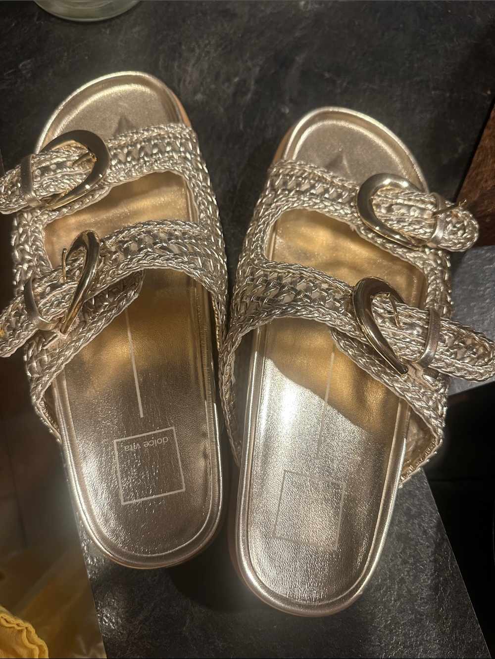 Dolce Vita Metallic Taupe Woven Double-Buckle Slide Sandals